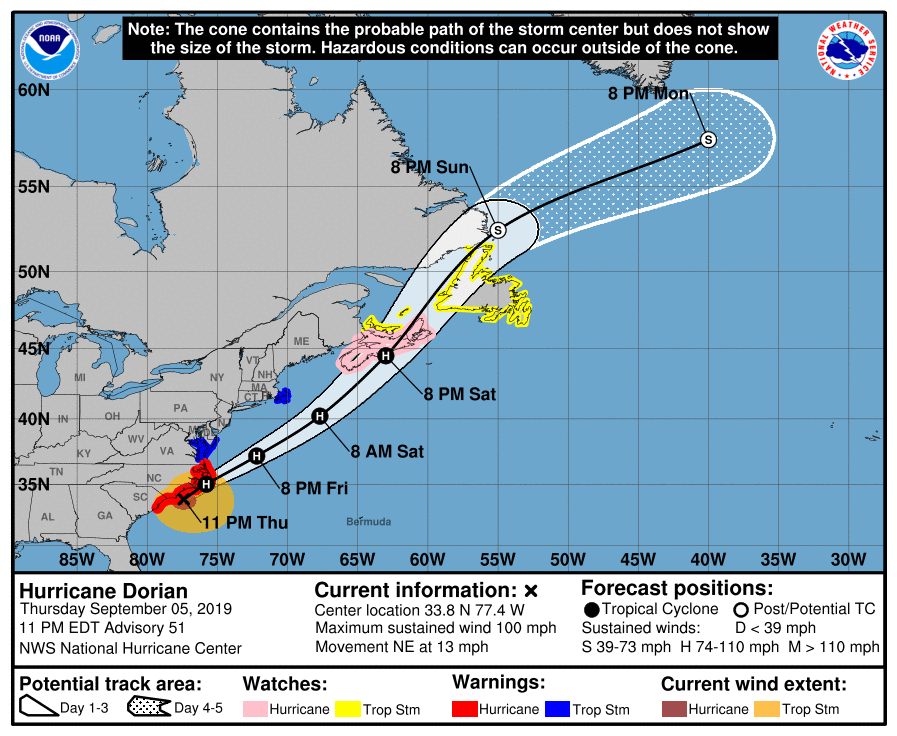 FOTO/NOAA, Predviđanja putanje uragana Dorian