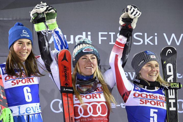 Petra Vlhova, Mikaela Shiffrin i Bernadette Schild/Foto REUTERS
