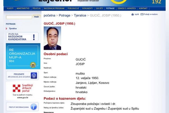 Josip Gucić je i dalje na listi traženih osoba na MUP-ovim stranicama