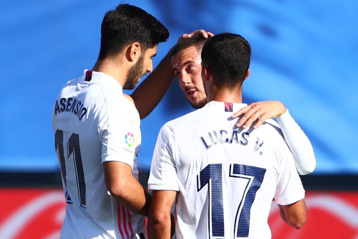 Eden Hazard slavi pogodak za Real s Marcom Asensiom i Lucasom Vazquezom/Foto REUTERS