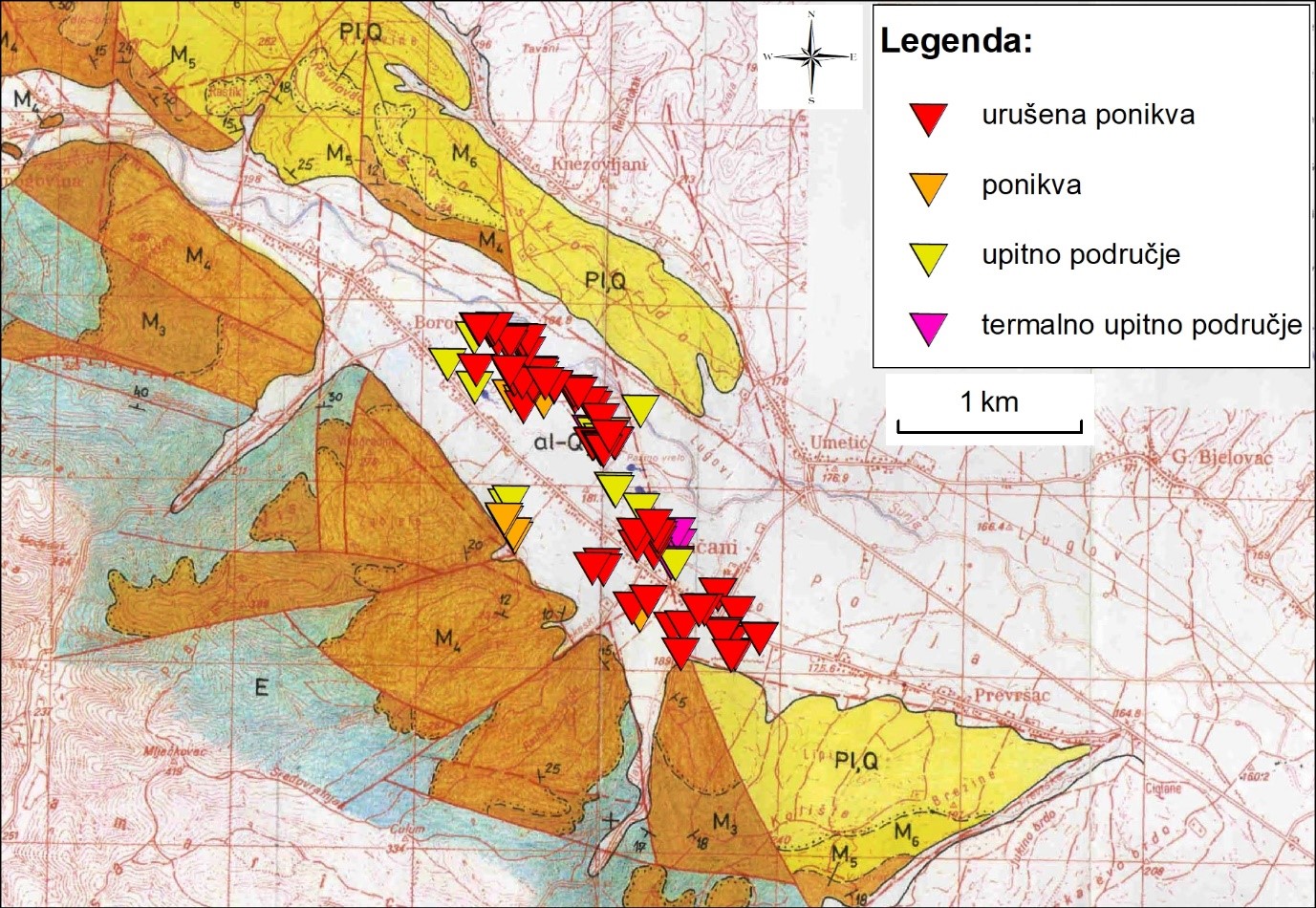 SLIKA 1 Geološki zemljovid (Šimunić & Hećimović, 1998) s pozicijama PSUP.