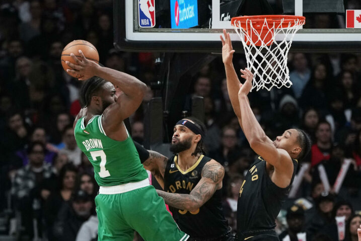 Jaylen Brown, Gary Trent Jr. i Scottie Barnes/Foto REUTERS
