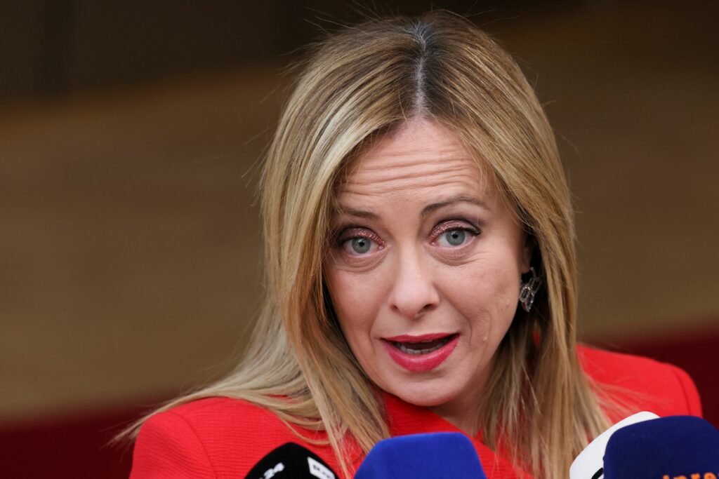 Italy's Prime Minister Giorgia Meloni speaks to the media as she attends the European leaders summit in Brussels, Belgium February 9, 2023. REUTERS/Yves Herman