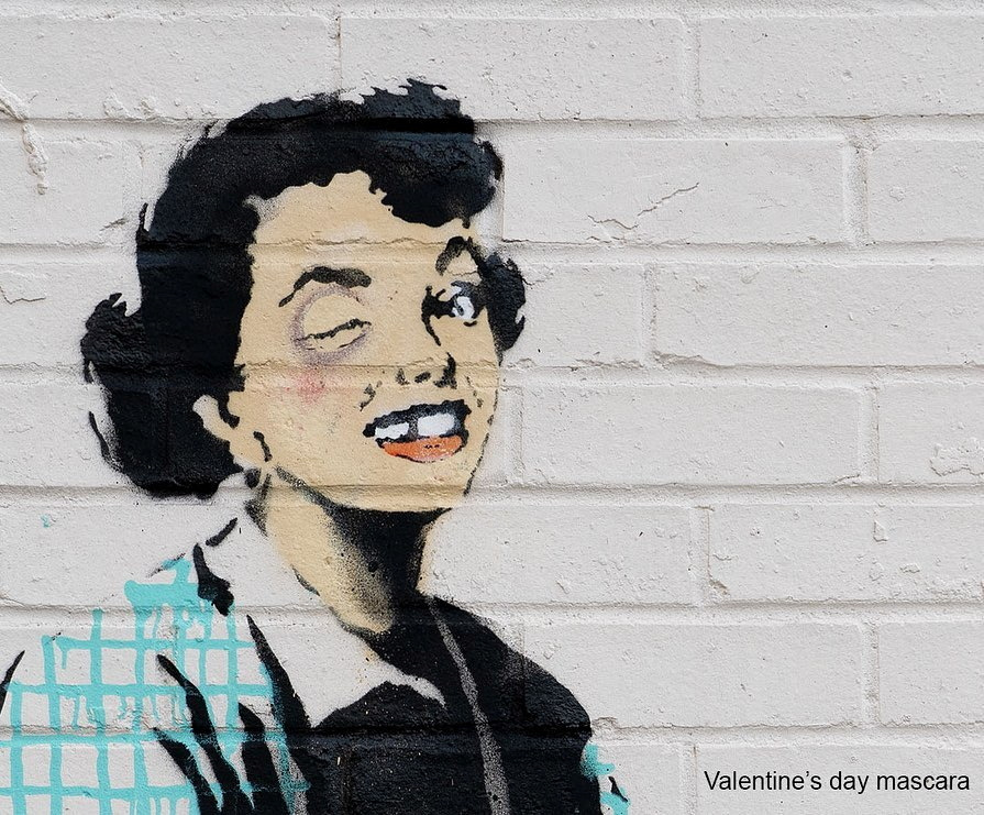 An artwork depicting violence against women, painted by street artist Banksy for the occasion of Valentines Day, is seen on a wall in Margate, Kent, Britain, February 14, 2023 in this picture obtained from social media. Valentine?s day mascara @banksy/via REUTERS THIS IMAGE HAS BEEN SUPPLIED BY A THIRD PARTY. MANDATORY CREDIT. NO RESALES. NO ARCHIVES.