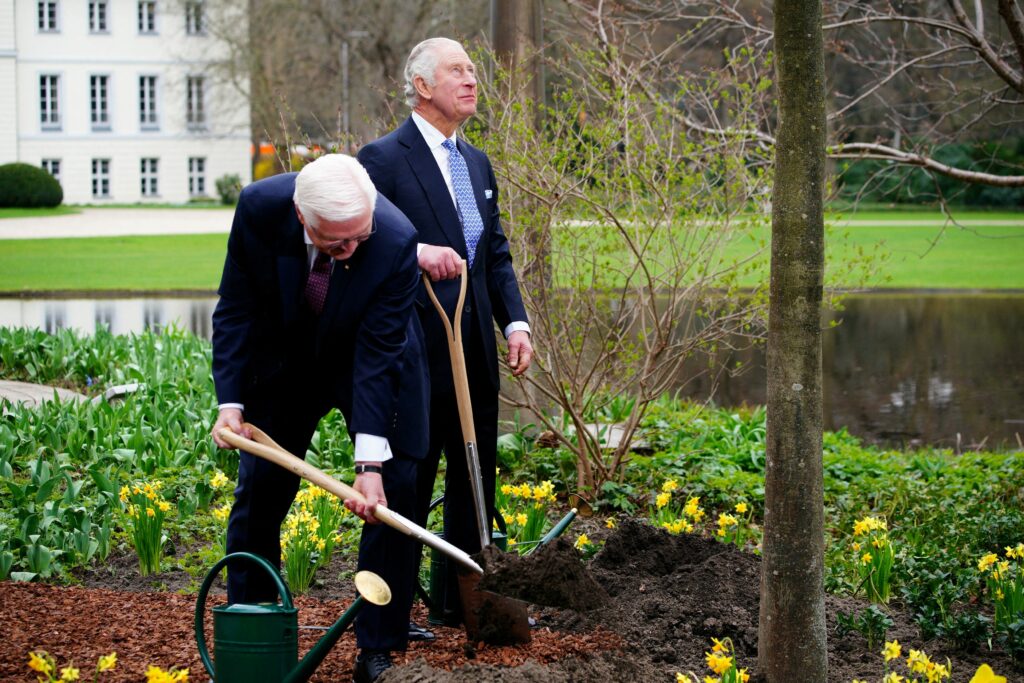 King Charles III and German President Frank-Walter Steinmeier plant a tree after attending a Green Energy reception at Bellevue Palace, Berlin, the official residence of the President of Germany, during his State Visit to Germany. Picture date: Wednesday March 29, 2023. Ben Birchall/Pool via REUTERS TPX IMAGES OF THE DAY