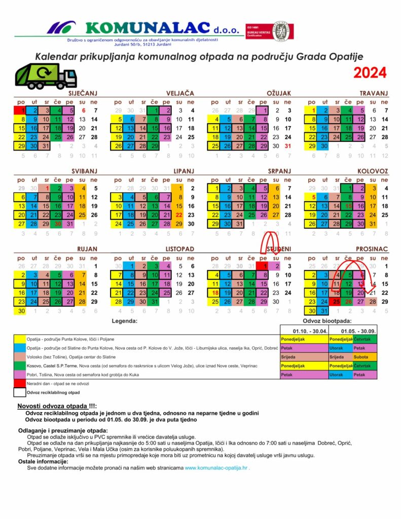 Kalendar prikupljanja komunalnog otpada na području Grada Opatije za 2024. godinu 
