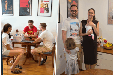 Bračni par Butorac s našim novinarom Reljom Paškvanom; na drugoj slici Robert i Jelena Butorac s kćerima Nikom i tek rođenom Eni / Foto privatna arhiva