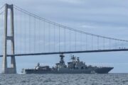 Ruski ratni brod, razarač "Vice admiral Kulakov", snimljen u danskim tjesnacima / Foto REUTERS/Jacob Gronholt-Pedersen/File Photo