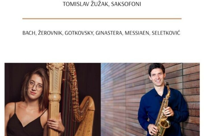 Veronika Ćiković na harfi i Tomislav Žužak na saksofonu načinit će glazbenu poslasticu u kojoj će biti izvedena djela domaćih i stranih kompozitora