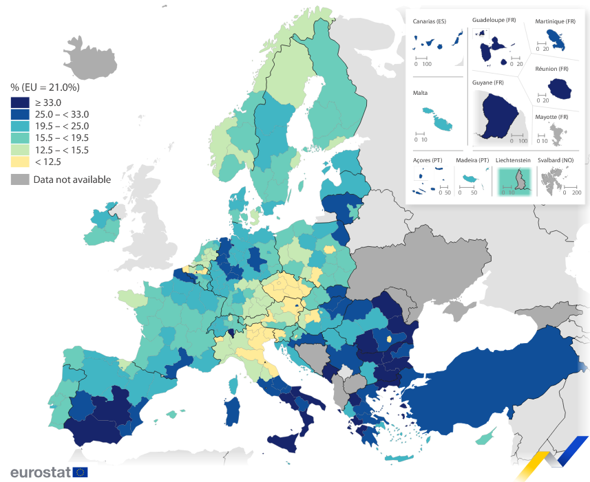 Eurostat - mapa rizika siromaštva i socijalne isključenosti / Screenshot