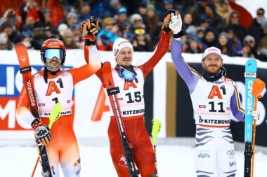 Manuel Feller, Loic Meillard i Linus Strasser/Foto REUTERS