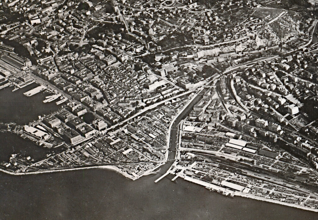 Mostovi Delte i Brajdice na aviosnimci oko 1930. / Fotoarhiva Miljenka Smokvine