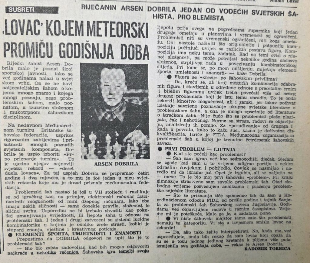 Riječanin Arsen Dobrila bio je jedan od vodećih svjetskih šahista, problemista. Novi list. 17. ožujka 1980.