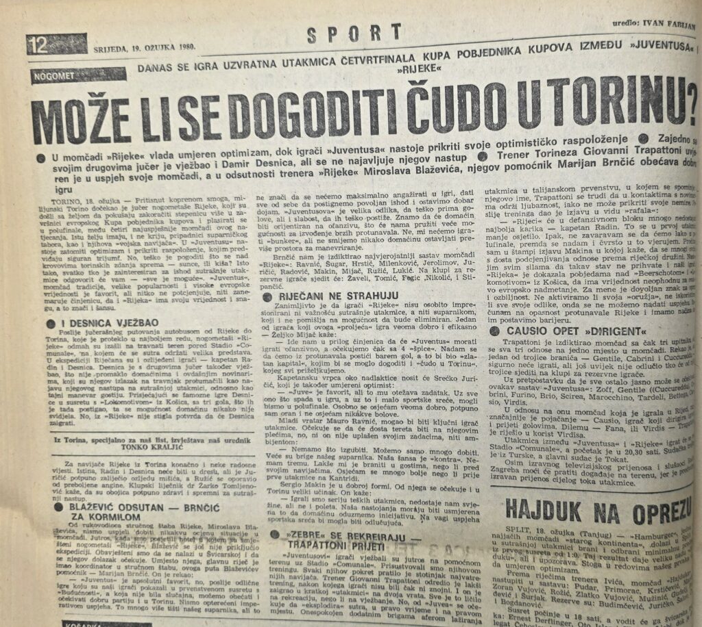 Komentar Tonka Kraljića uoči utakmice objavljen u Novom listu 19. ožujka 1980.