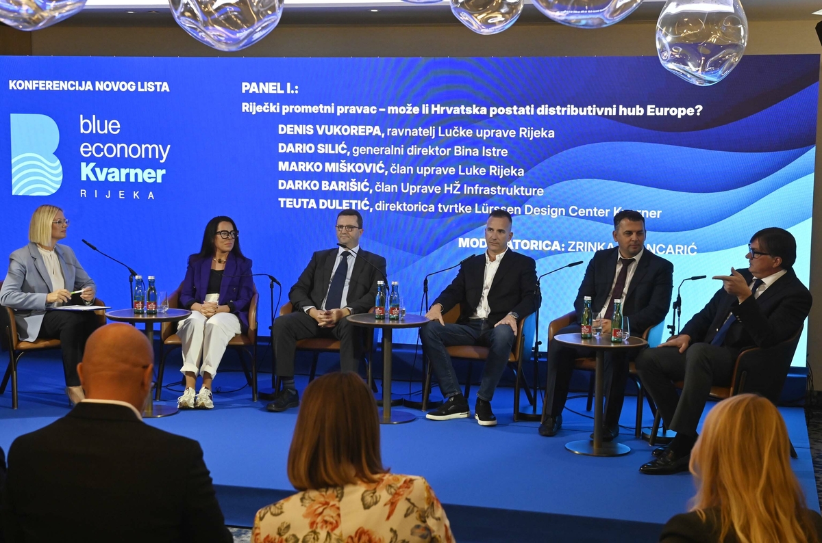 Rasprava o riječkom prometnom pravcu - Voditeljica panela Zrinka Grancarić, Teuta Duletić, direktorica tvrtke Lürssen Design Center Kvarner, Darko Barišić, član uprave HŽ Infrastrukture, Marko Mišković, član uprave Luke Rijeka, Dario Silić, generalni direktor Bina Istre i Denis Vukorepa, ravnatelj Lučke uprave Rijeka
